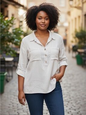 Women's White 3/4 Button-Up Tunic